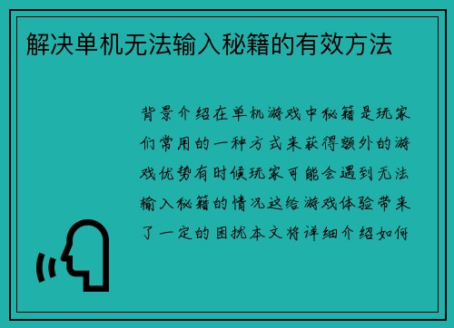 解决单机无法输入秘籍的有效方法